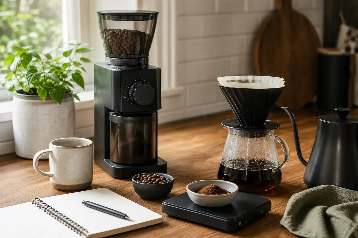 A morning coffee setup with a grinder, notebook, mug, scale, and coffee beans.