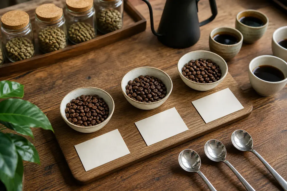 Three single-origin coffee samples arranged on a roastery cupping table.