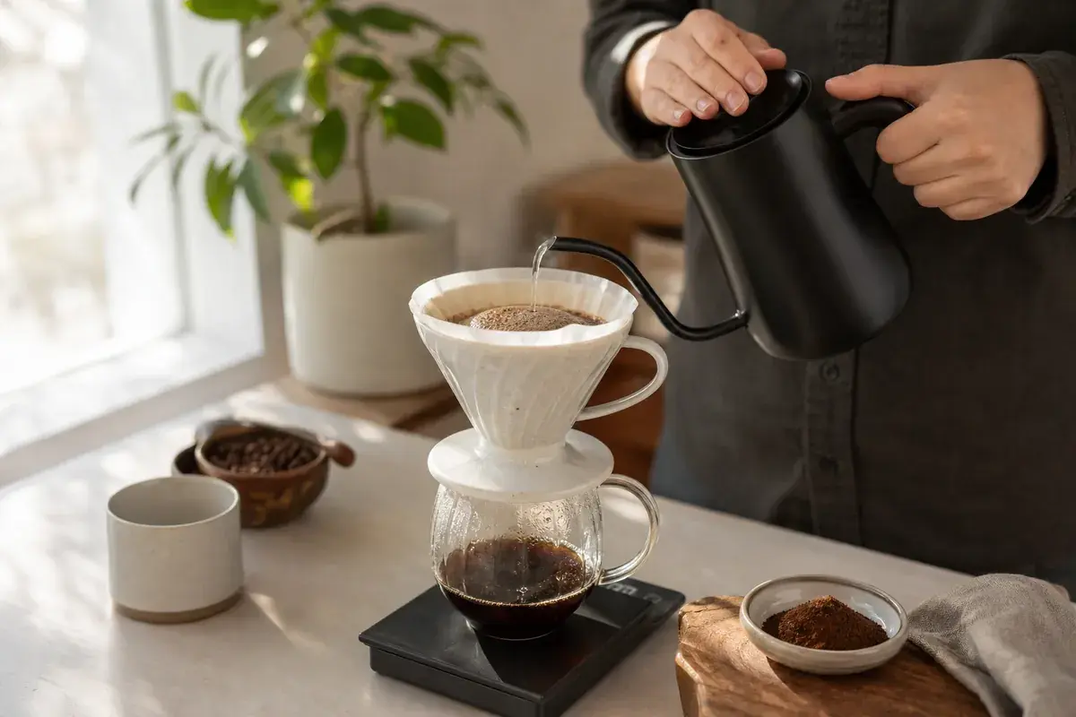 A V60 coffee dripper, kettle, scale, and freshly ground coffee on a cafe workbench.